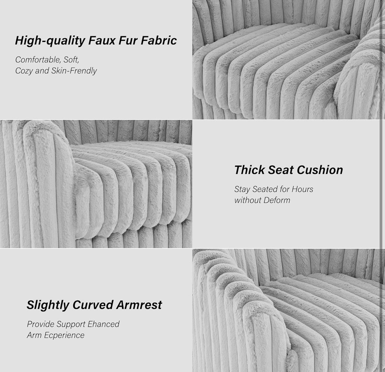 Swivel Barrel Accent Chair, Round Faux Fur Fabric Armchair for Living Room, Bedroom, Comfy Modern Mid Century Reading Chair for Adults (Grey, Set of 1)