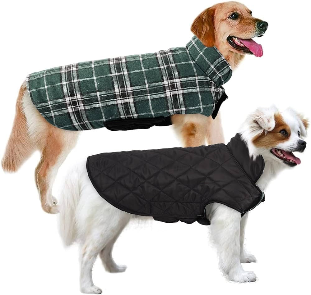 Dog Jackets for Winter, Reversible Dog Coat Windproof Waterproof Dog Winter Jackets for Cold Weather, British Style Plaid Dog Coats Warm Dog Vest for Small Medium Large Dogs, Green