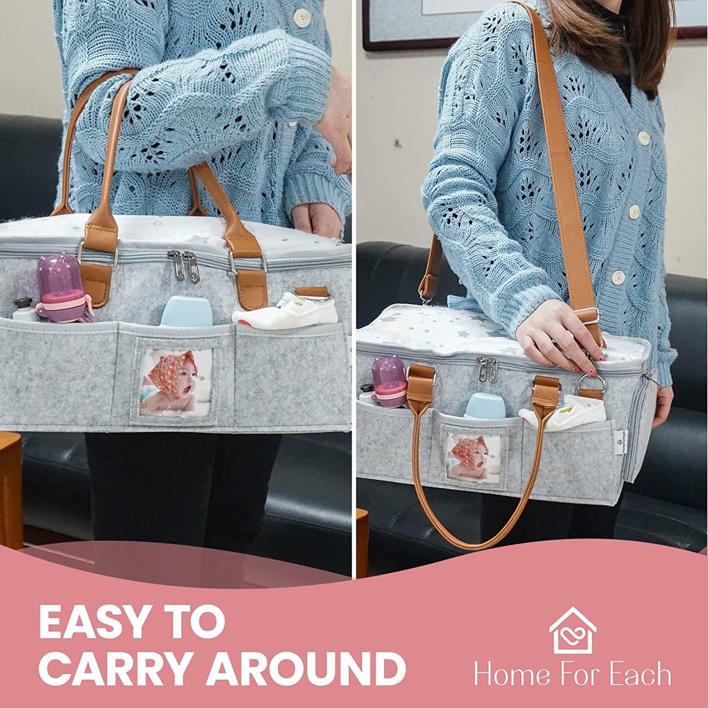 Portable Diaper Caddy Storage Bag with Roll Lid and Removable Dividers, Caddy Organizer for Nursery, Changing Table, Car and More, Travel-Friendly Baby Caddy for Infant Essentials Grey