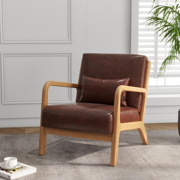 Modern Coffee Faux Leather Wood Frame Upholstered Accent Arm Chair (Set of 1)