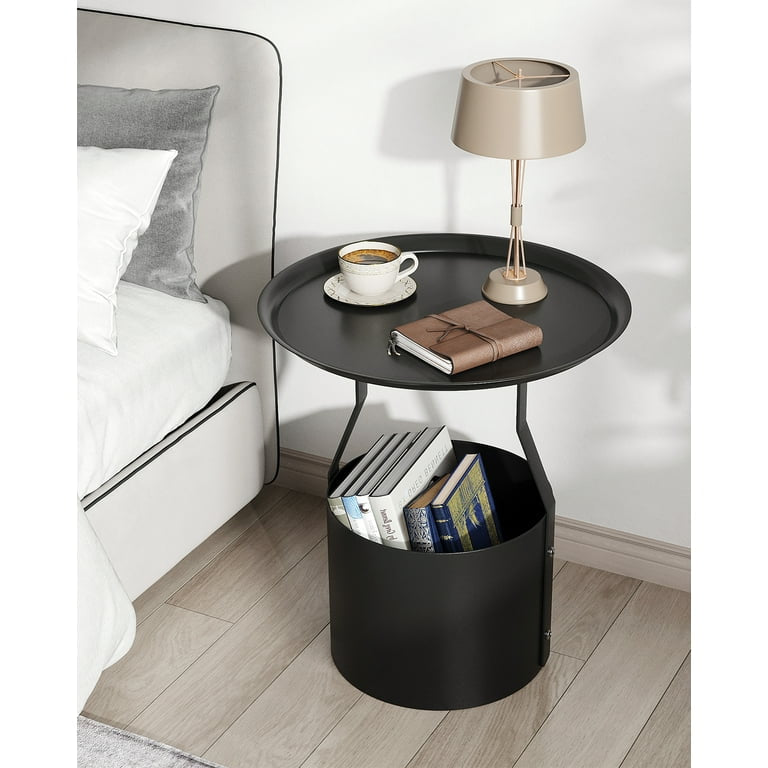End Table Round Sofa Side Table with Iron Storage Basket Small Coffee Tables Nightstand Bedside Table for Living Room Bedroom Metal-Black