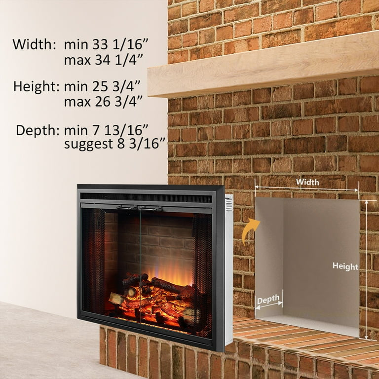 33" Electric Fireplace Insert EF45B, Fire Crackling Sound, Glass Door, Mesh Screen, 750/1500W, Black
