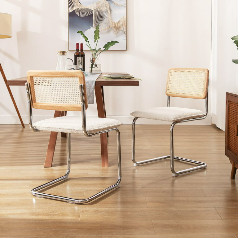 Rattan Dining Chairs Set of 2, Boucle Dining Chair with Cane Back and Chrome Legs, Mid-Century Modern Upholstered Side Chair for Dining Room, White