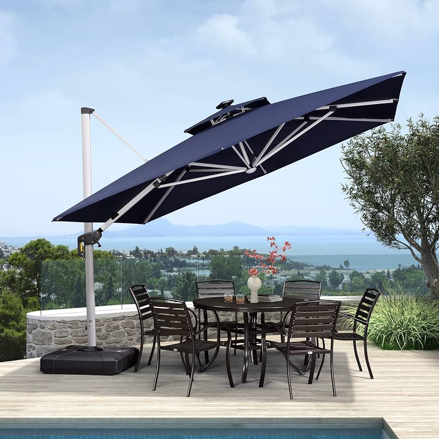PURPLE LEAF 10 Feet Double Top Deluxe Solar Powered LED Square Patio Umbrella Offset Hanging Umbrella Outdoor Market Garden Umbrella, Including Base. Navy Blue