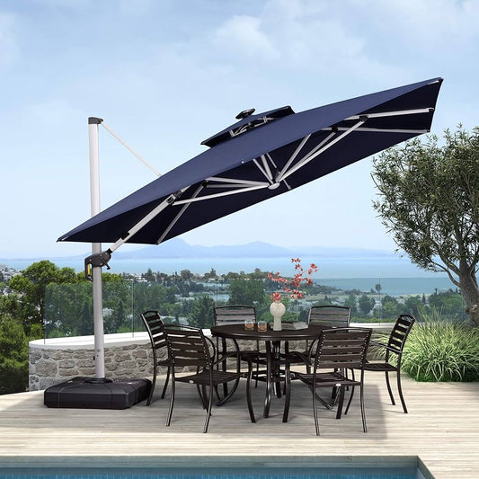 PURPLE LEAF 10 Feet Double Top Deluxe Solar Powered LED Square Patio Umbrella Offset Hanging Umbrella Outdoor Market Garden Umbrella, Including Base. Navy Blue