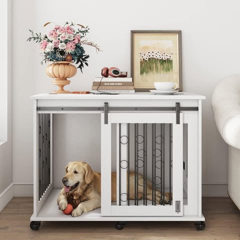 Large Dog Crate Furniture with Sliding Barn Door, 43.7" Wooden Dog Kennel End Table with Wheels and Flip-top Plate Dog House with Detachable Divider for Small/Medium/Large Dog (White)