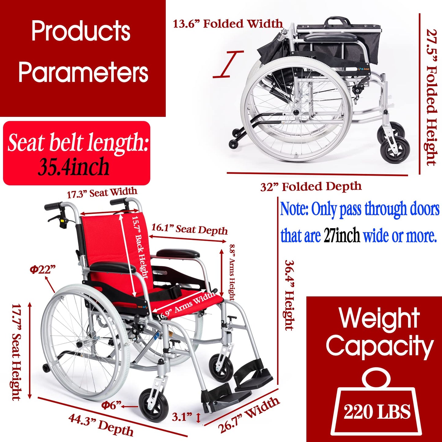 Magnesium Wheelchair 21lbs Self-propelled Chair Portable and Folding 17.5”