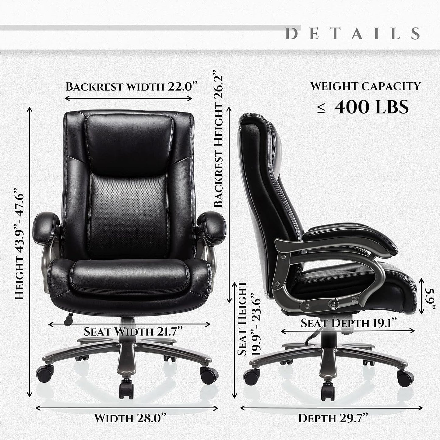 Big & Tall 400lb Office Chair - High Back Executive Computer Chair Heavy Duty Metal Base and Adjustable Tilt Angle Large Bonded Leather Desk Swivel Chair, Ergonomic Design for Lumbar Support