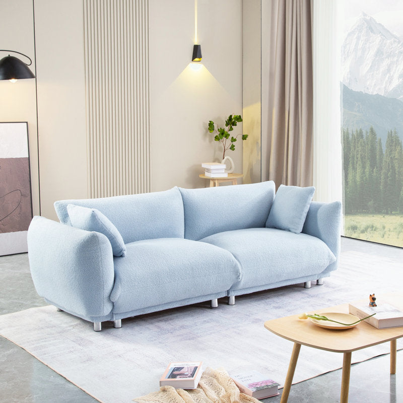 87 inch Modern Sofa, Teddy Comfy Sofa Couch with 2 Pillows, Upholstered Deep Seat Sofa, Oversized Sofa with Metal Legs for Small Space Office Apartments Bedroom Living Room (Blue)