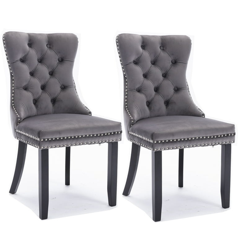 Velvet Fabric Dining Chairs Luxury Tufted Back with Nailed Trim and Back Ring Pull Home Kitchen Dining Room Chairs Armless Accent Side Chairs Solid Rubber Wood Legs.Grey