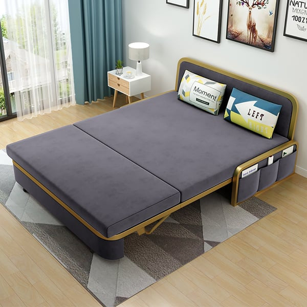 62” Queen Size Modern Convertible Sofa Bed With Storage Velvet Upholstery In Deep Grey & Gold