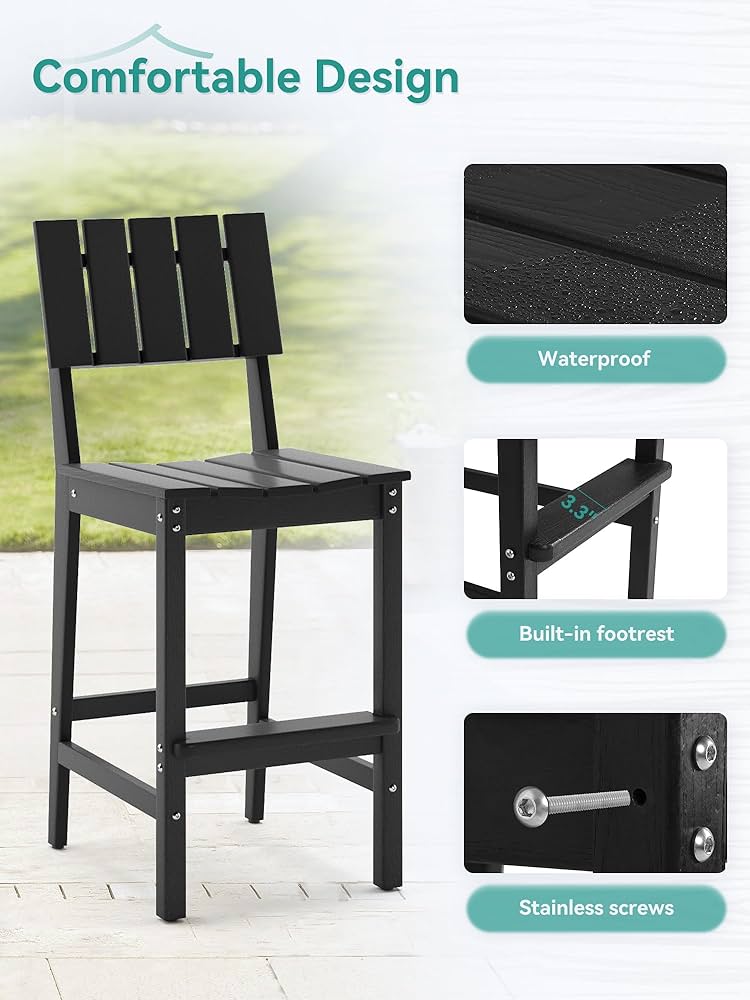 Patio Bar Stools. HDPE Weather Resistant Tall Adirondack Chair, Heavy Duty Bar Height Adirondack Chairs with Footrest, 27.8 inch High Balcony Chair for Deck Pool Backyard, Black
