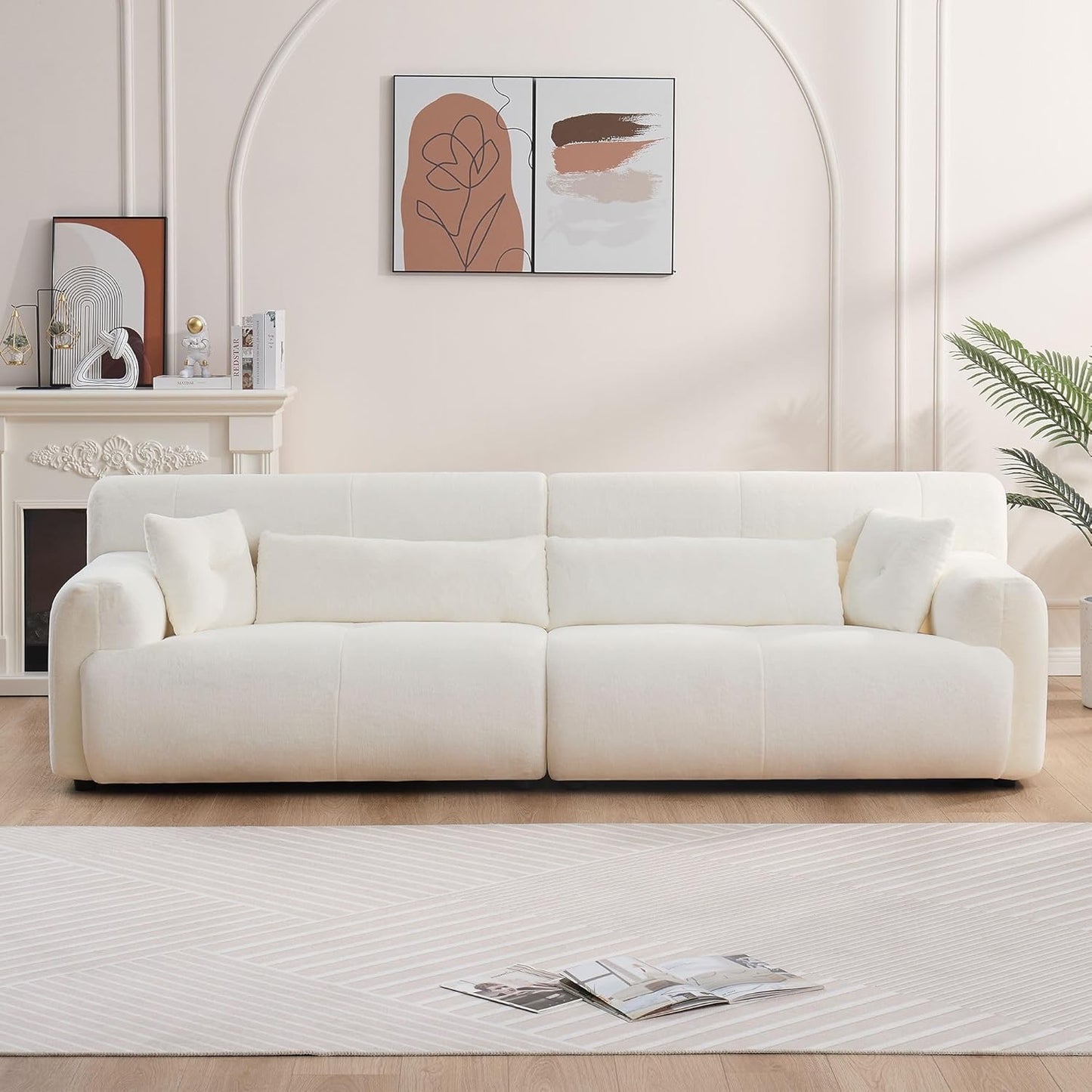 Sectional Sofa, 111.81'' Comfy Upholstered Sofa Ultra Soft Thick Fuzzy Faux Rabbit Fur Couch, Cute Cozy Plush Warm Fleece Fluffy Sectiona Sofa for Living Room, Beige
