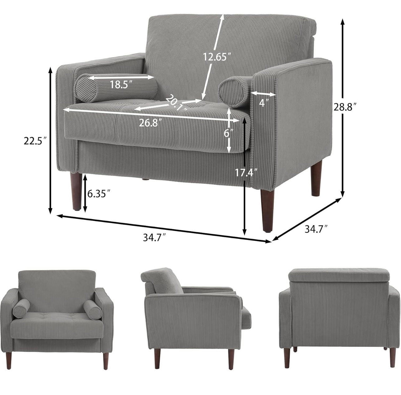 Oversized Accent Chair.Corduroy Fabric Mid Century Modern Armchair with Large Seat for Living Room Bedroom Reading