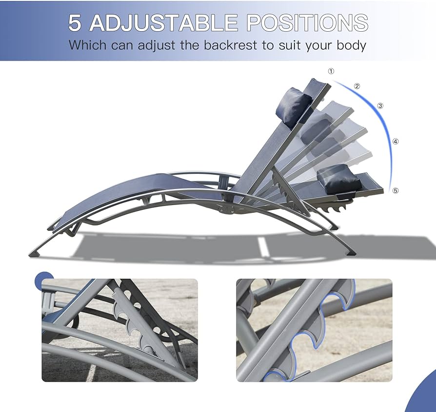 Pool Chairs Set of 3, Adjustable Aluminum Outdoor Loungers with Metal Side Table, All Weather