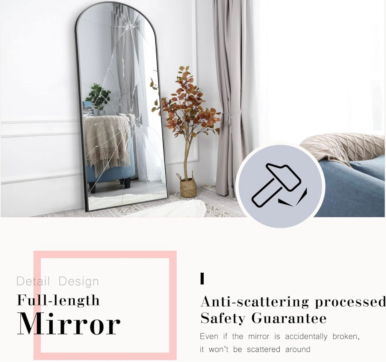 Arched Full Length Mirror, 72”x23”, Large Full Body Mirror with Aluminium Metal Frame, Shatter Protection, Wall-Mounted Mirrors for Living Room or Dressing Room. Black(Arched)