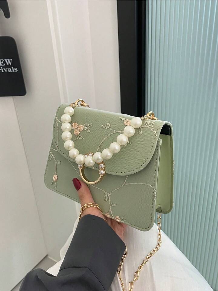 Faux Pearl Handle Top Green Floral Embroidery crossbody mini bag
