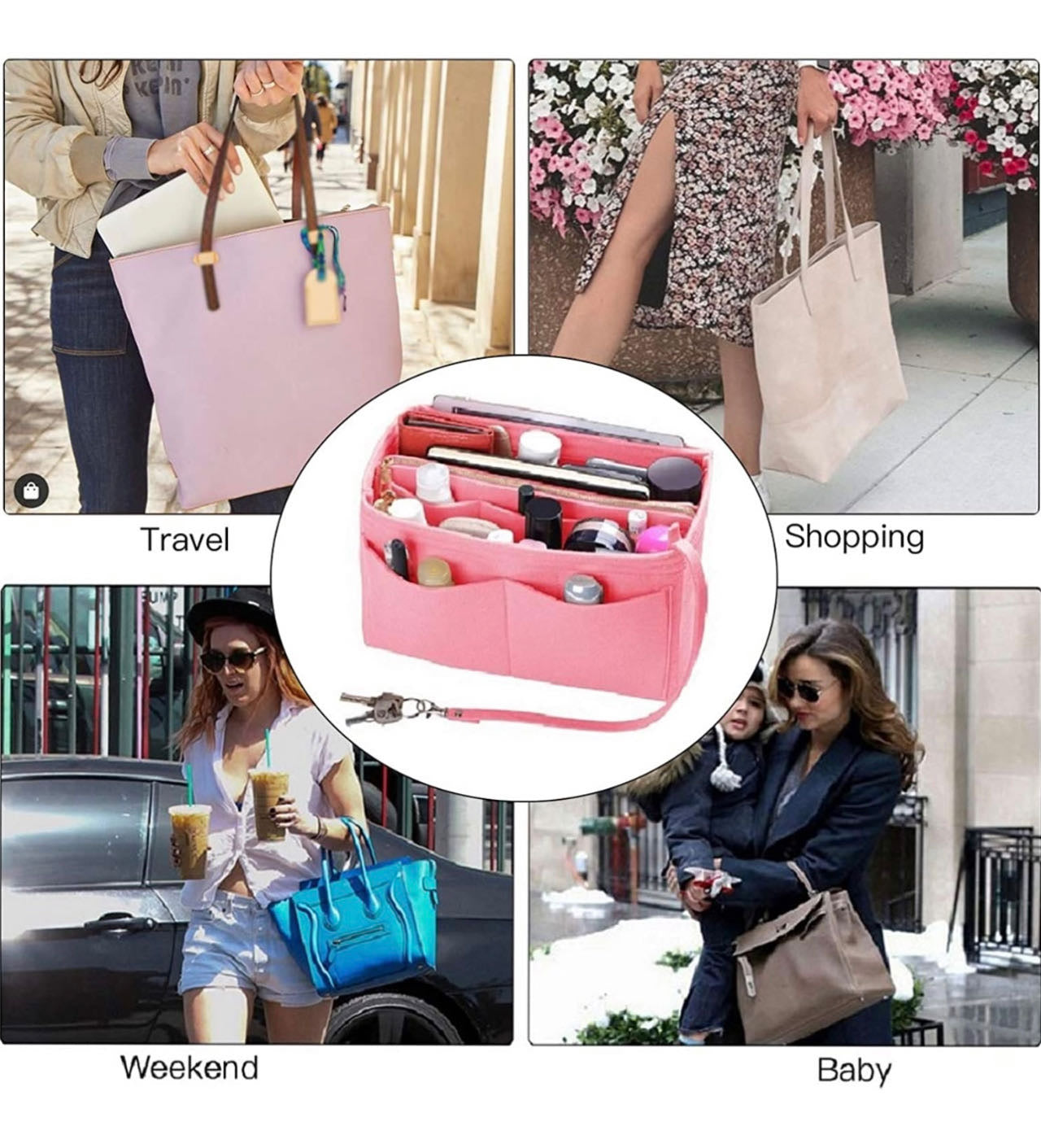 Purse Organizer Insert, with zipper, Handbag & Tote Shaper,Pink