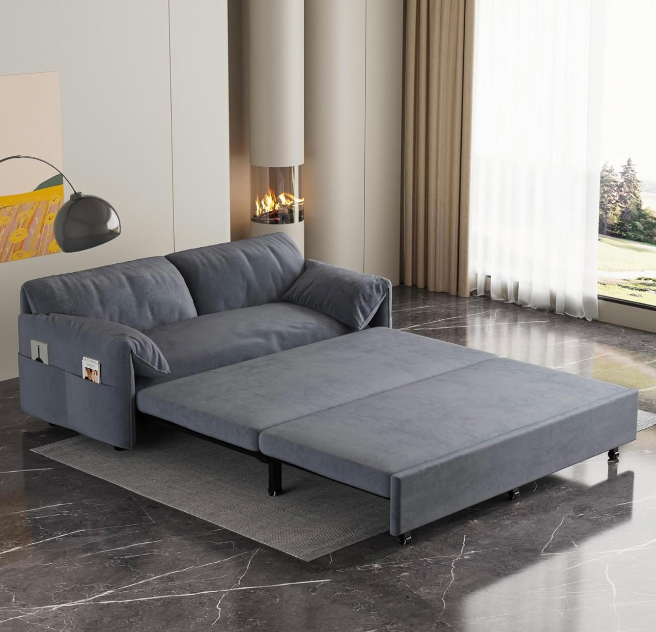 63" Queen Pull Out Sofa Couch Bed, 3 in 1 Convertible Sleeper Sofa with Side Storage, Velvet Loveseat Recliner for Living Room, Apartment, Small Space, Grey