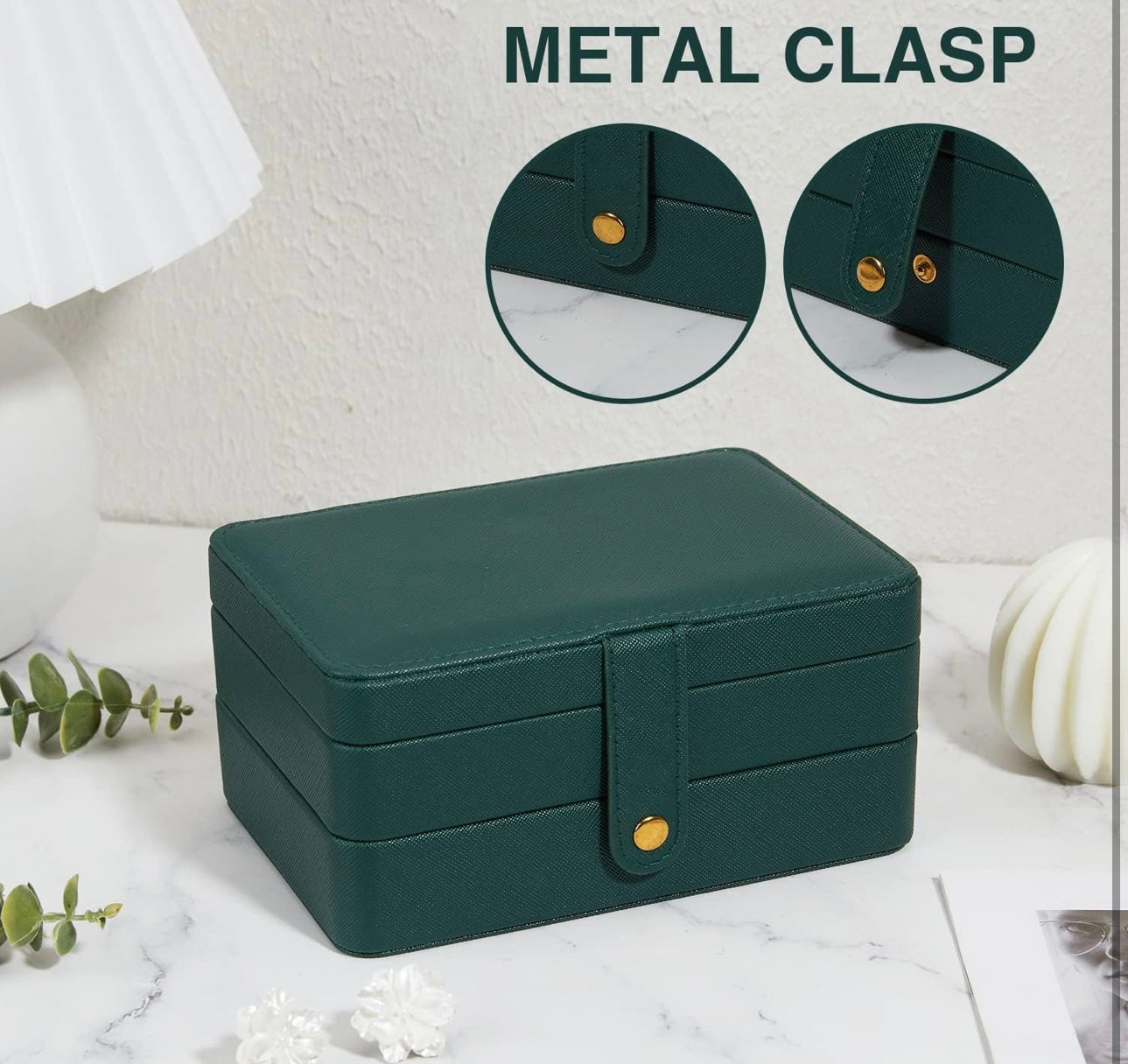 Jewelry Box, PU Leather Travel Jewelry Organizer Case for Women Girls, 2 Layers Portable Jewelry Storage Organizer for Stud Earrings, Rings, Necklaces, Bracelets. Green