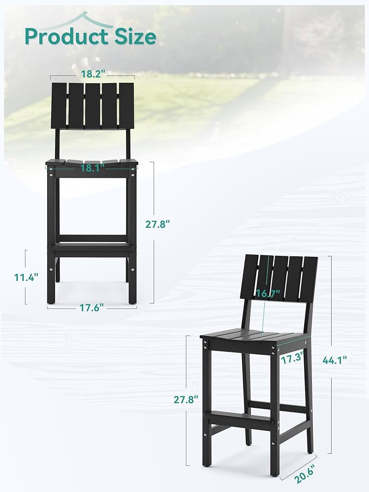 Patio Bar Stools. HDPE Weather Resistant Tall Adirondack Chair, Heavy Duty Bar Height Adirondack Chairs with Footrest, 27.8 inch High Balcony Chair for Deck Pool Backyard, Black