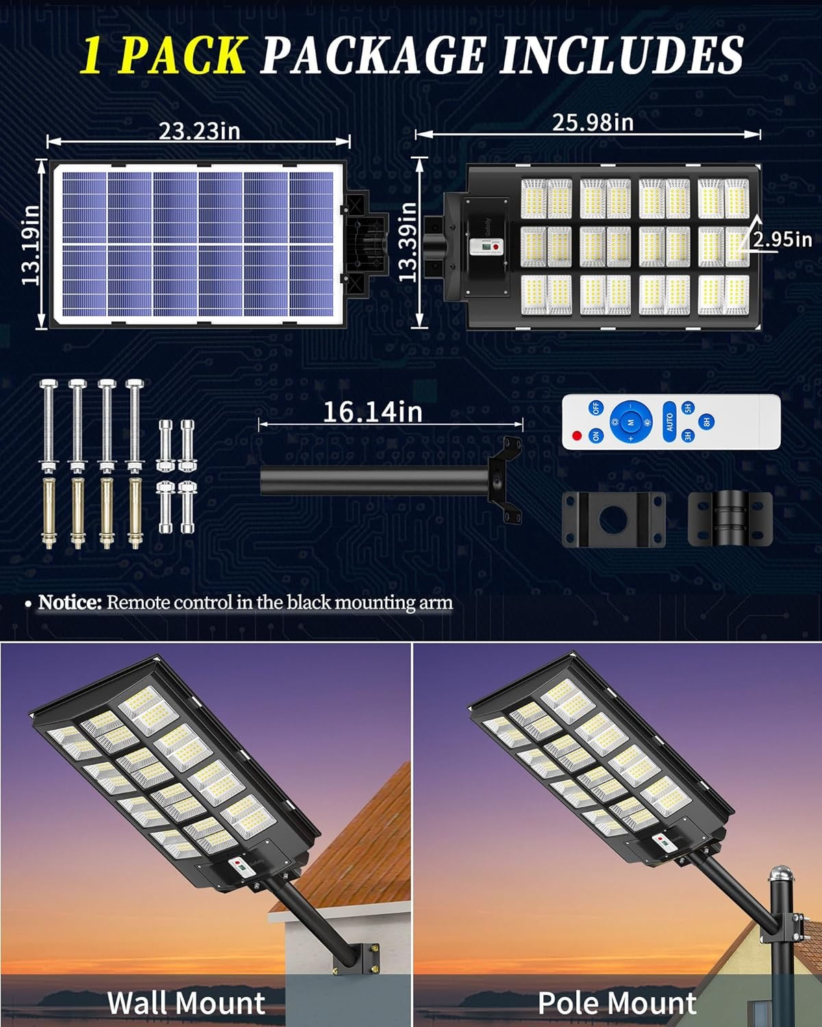 2800W Solar Street Light Outdoor, Wide Angle 298000LM Commercial Parking Lot Light Dusk to Dawn 6500K Solar Flood Light IP67 Solar Lamp