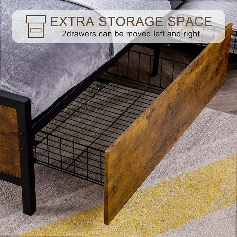 Twin XL Bed Frame with 2 Storage Drawers - Platform Bed Frame with 2-Tier Headboard, Strong Metal Slat Support and 10.5inch Under Bed Storage for Bedroom, No Box Spring Needed, Easy Assembly