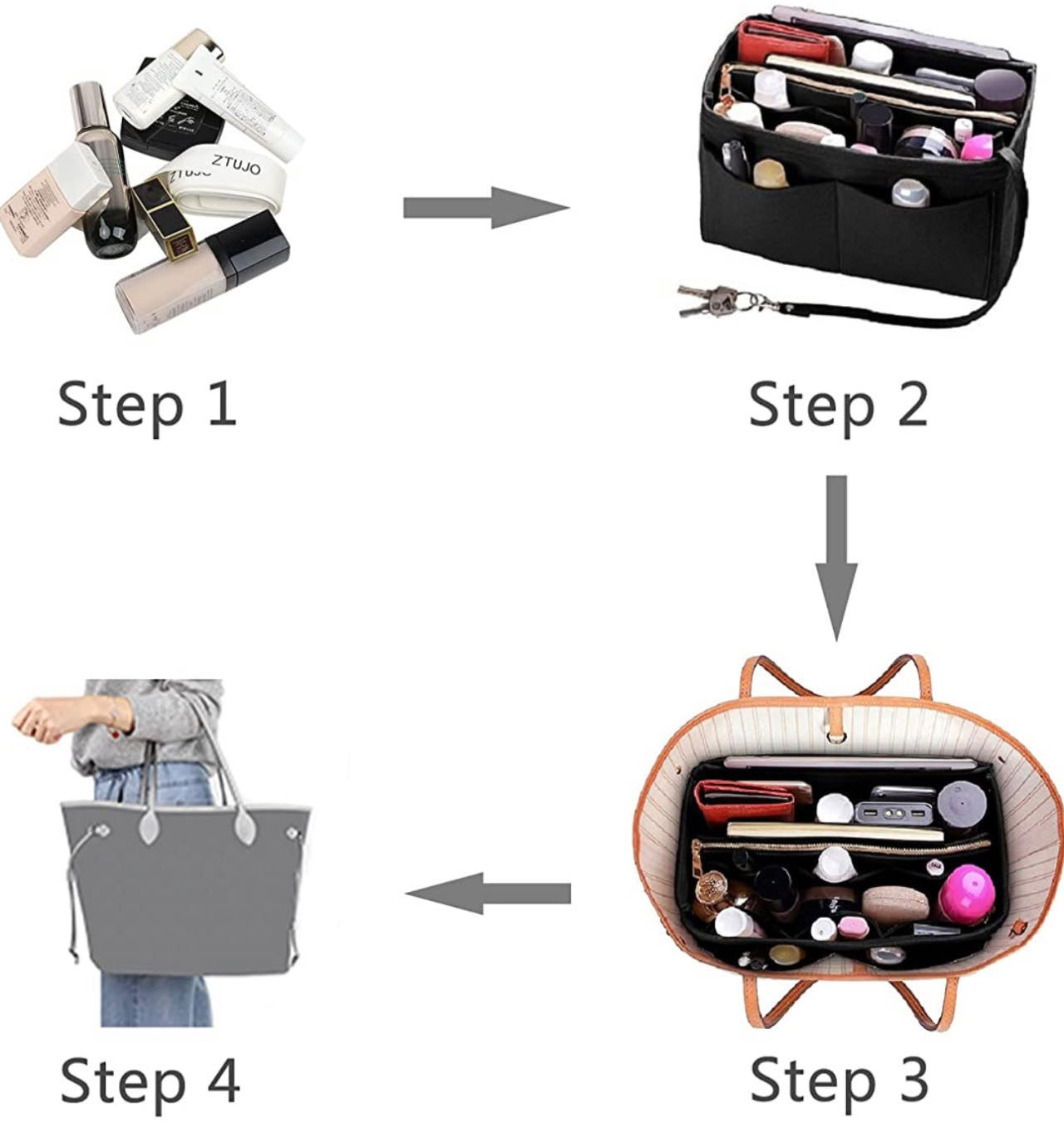 Purse Organizer Insert, with zipper, Handbag & Tote Shaper,Black