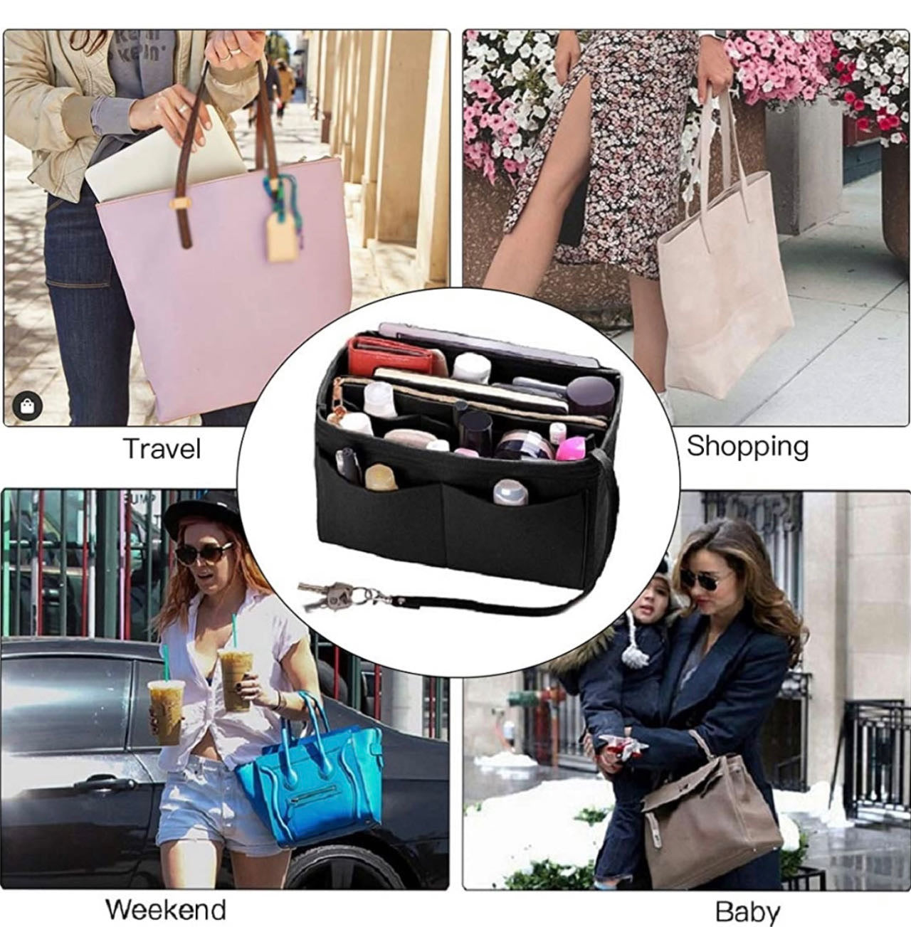Purse Organizer Insert, with zipper, Handbag & Tote Shaper,Black