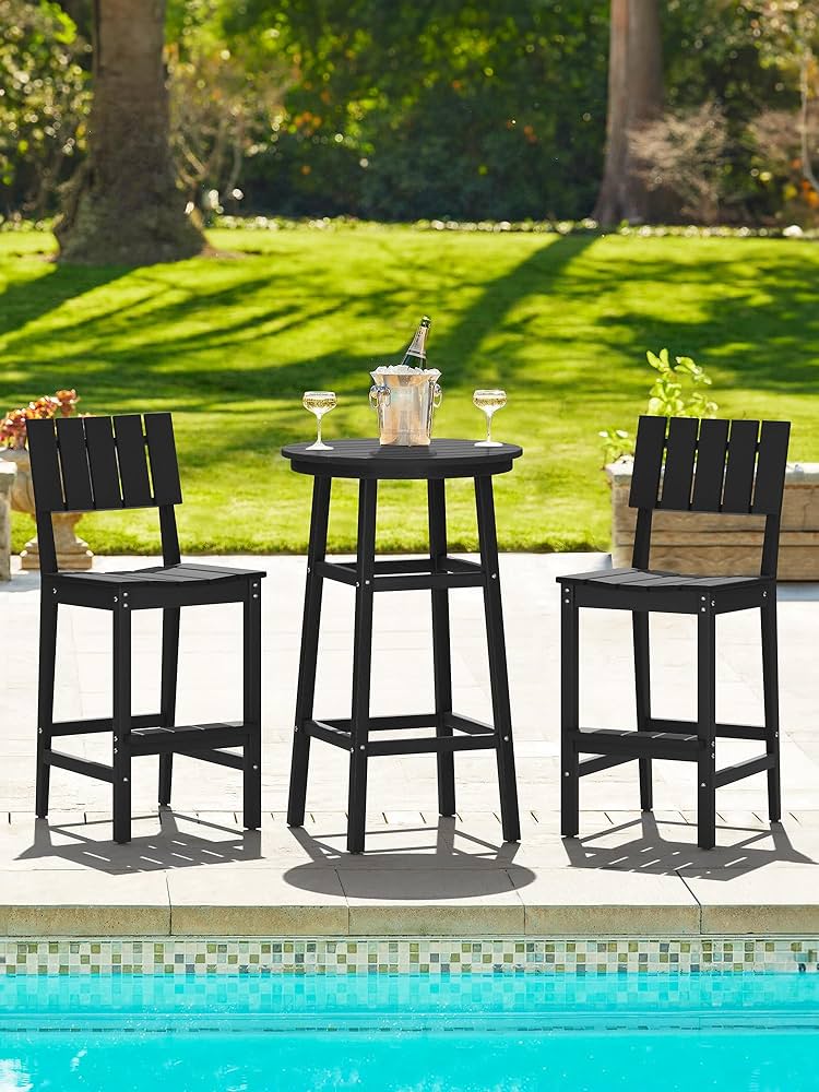 Patio Bar Stools. HDPE Weather Resistant Tall Adirondack Chair, Heavy Duty Bar Height Adirondack Chairs with Footrest, 27.8 inch High Balcony Chair for Deck Pool Backyard, Black