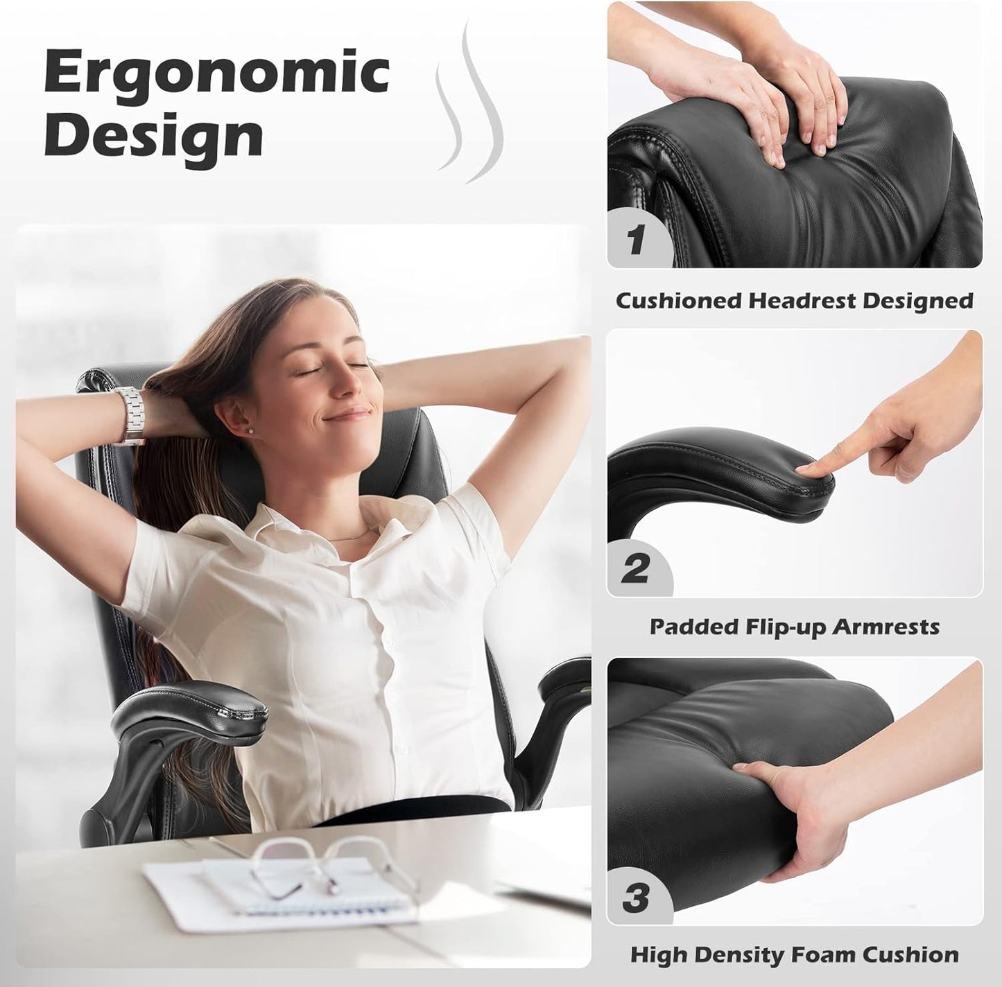 Executive Office Chair – Ergonomic Adjustable Computer Desk Chairs with High Back Flip-up Armrests, Swivel Task Chair with Lumbar Support, Bond.Black