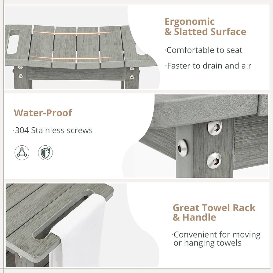 HDPS Shower Benches for Inside Shower, Gray Shower Stool for Shaving Legs with Shelf, Waterproof Shower Chair Seat for Spa Bathroom, Weather Resistant/Non-Slip/Handles/Indoor or Outdoor Use