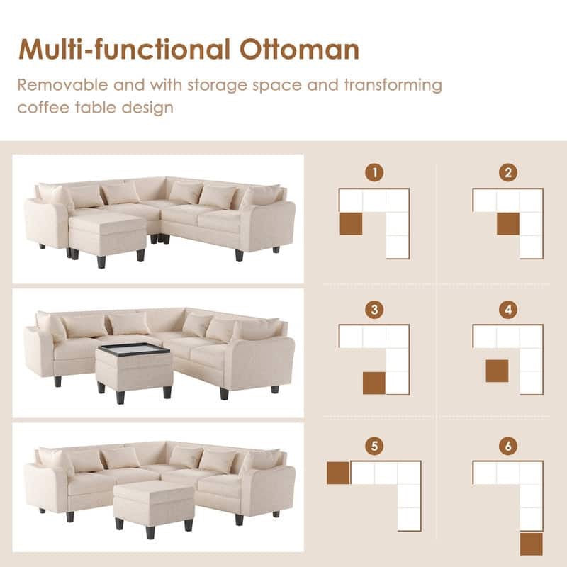 87" Modern Linen L Shape Sectional Sofa with Coffee Table,Sectional Couch with Storage Ottoman