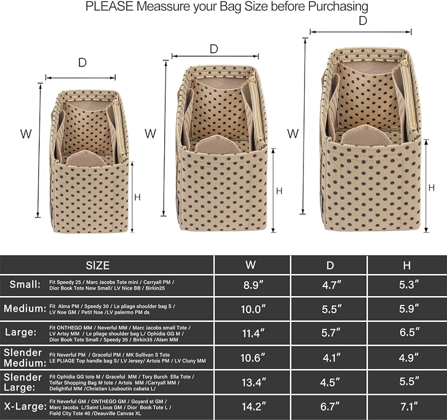 Purse Organizer Insert, Felt Bag Organizer with Metal Zipper, Handbag & Tote Shaper, For Speedy Neverfull Tote.Brown polk dots Beige
