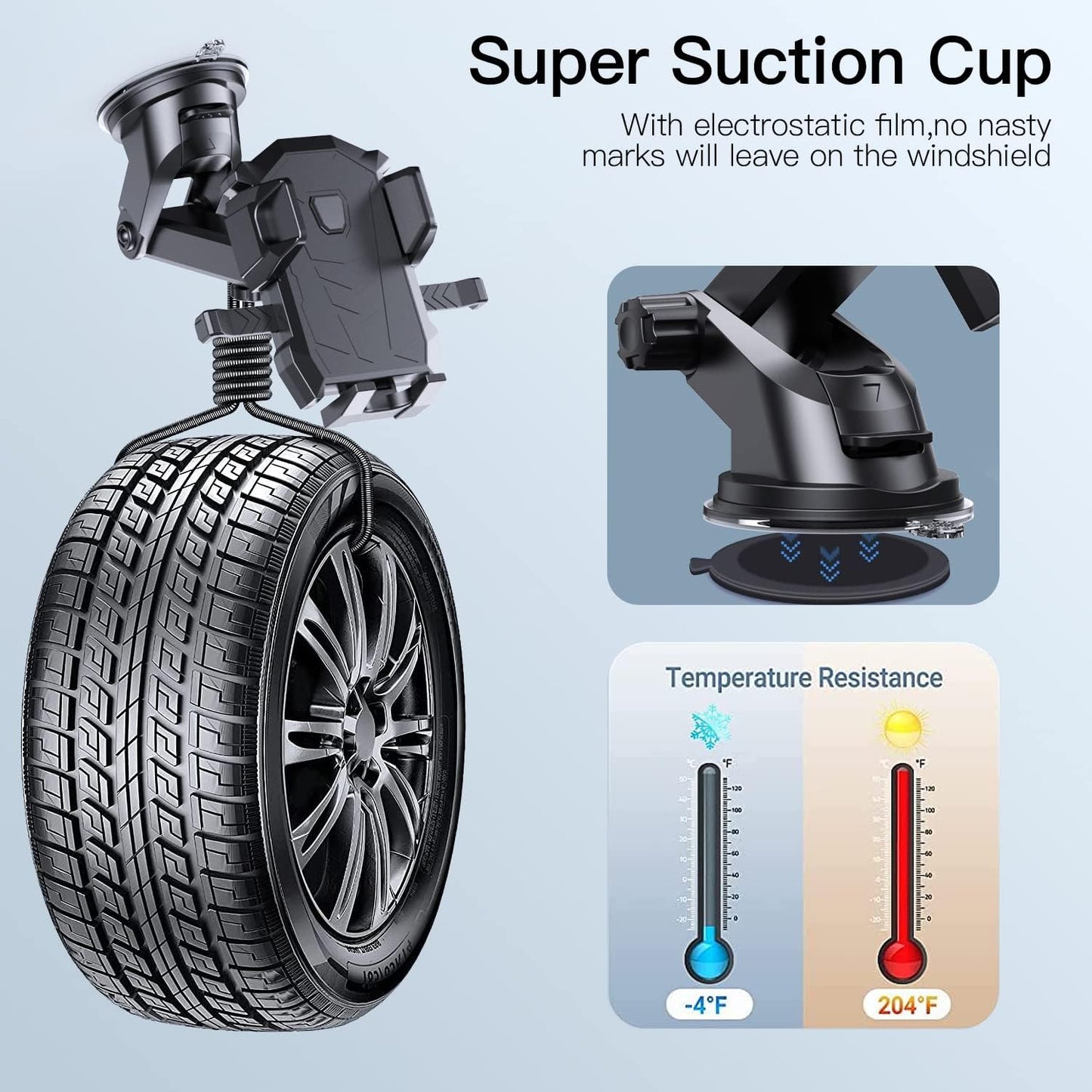 Phone Mount for Car Dashboard & Windshield Hands Free, Cell Phone Holder with Super Suction Cup and Long Arm