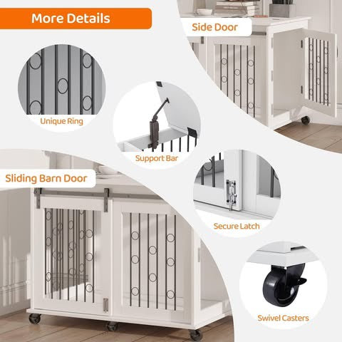 Large Dog Crate Furniture with Sliding Barn Door, 43.7" Wooden Dog Kennel End Table with Wheels and Flip-top Plate Dog House with Detachable Divider for Small/Medium/Large Dog (White)