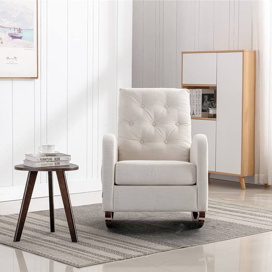 Rocking Chair Mid-Century Modern Nursery Rocking Armchair Upholstered Tall Back Accent Glider Rocker for Living Room (Off-White - Polyester)