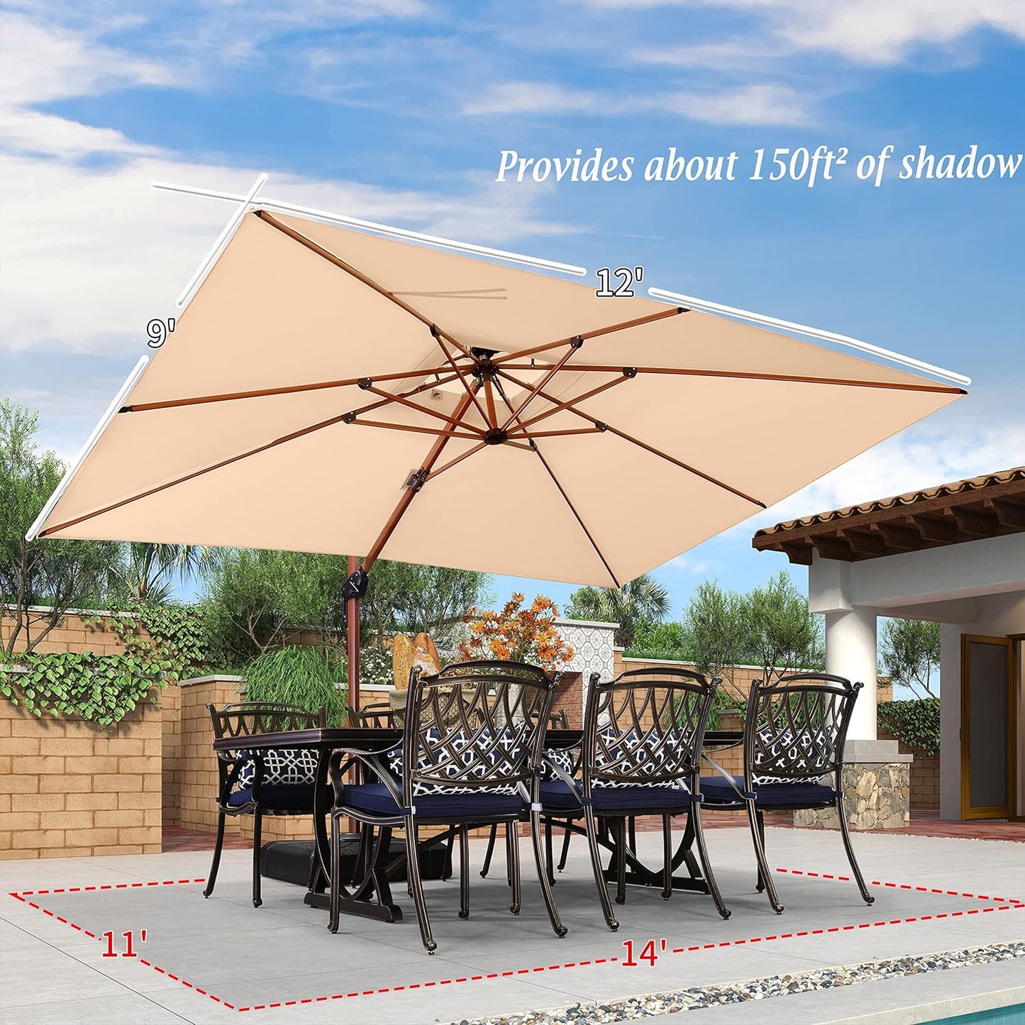 PURPLE LEAF 9' X 12' Double Top Deluxe Wood Pattern Rectangle Patio Umbrella Offset Hanging Umbrella Outdoor Market Umbrella Garden Umbrella, Beige