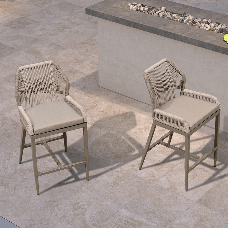 PURPLE LEAF Outdoor Bar Stool. Set of 2.Modern Counter Height Stool, Cushion Included. LT GREY. 24.8”