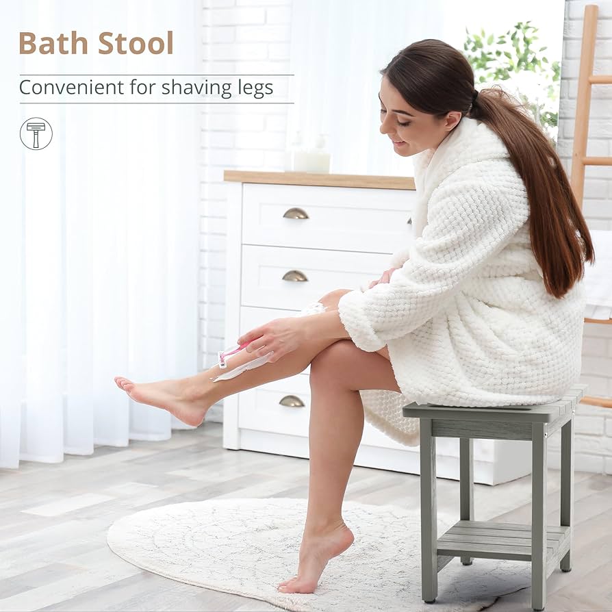 HDPS Shower Benches for Inside Shower, Gray Shower Stool for Shaving Legs with Shelf, Waterproof Shower Chair Seat for Spa Bathroom, Weather Resistant/Non-Slip/Handles/Indoor or Outdoor Use