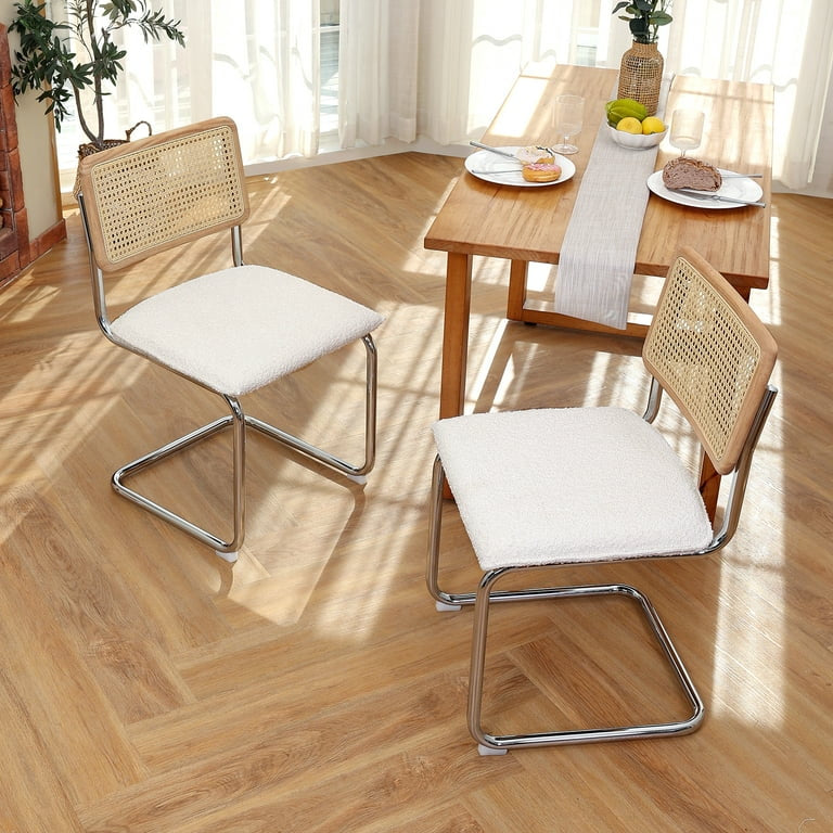 Rattan Dining Chairs Set of 2, Boucle Dining Chair with Cane Back and Chrome Legs, Mid-Century Modern Upholstered Side Chair for Dining Room, White