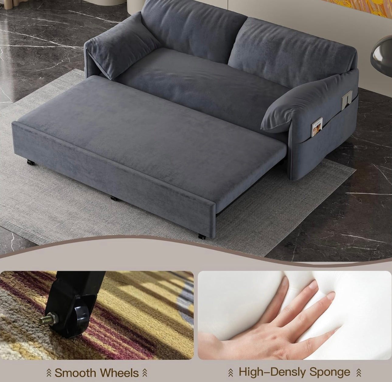 63" Queen Pull Out Sofa Couch Bed, 3 in 1 Convertible Sleeper Sofa with Side Storage, Velvet Loveseat Recliner for Living Room, Apartment, Small Space, Grey