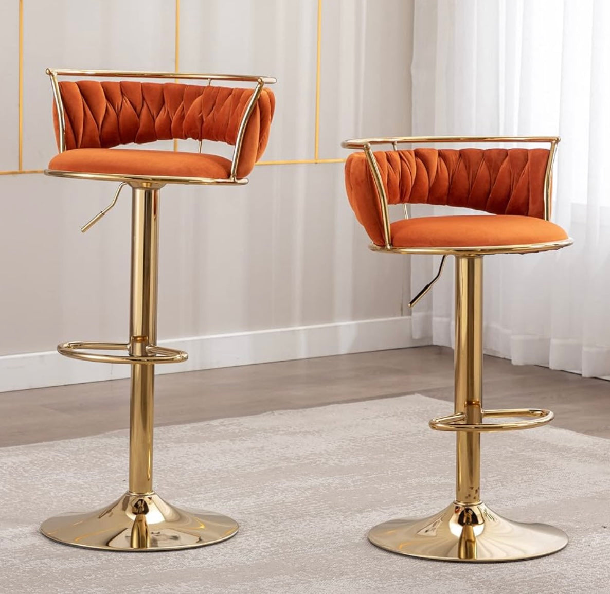 Modern Swivel Bar Stools Velvet Adjustable Height Barstools Low Back Kitchen Island Counter Bar Chair with Golden Base, Orange.Set of 1