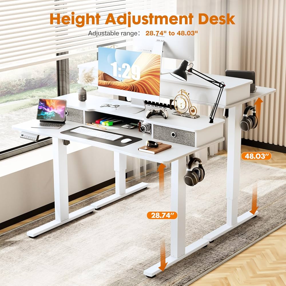 55" X 24" Inch Electric Standing Desk Adjustable Height Stand Up Desk, Sit Stand Desk Adjustable Desk, Home Office Computer Desk With Storage Shelf, Double Drawer,Splice Board,2 Hook