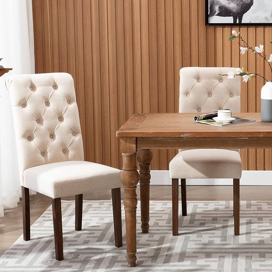 Tufted Dining Chairs. Elegant Fabric Side Upholstered Parsons, Wood legs.Beige