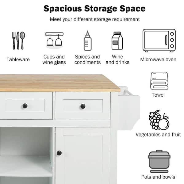 White Rubber wood Drop-Leaf Counter top 53 in. Kitchen Island on 5-Wheels with Storage Cabinet and 3 Drawers