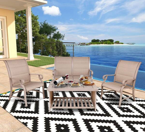 Champagne Gold 4-Piece Cast Aluminum Patio Rectangle Outdoor Dining Set with Love Seat for Garden, Yard