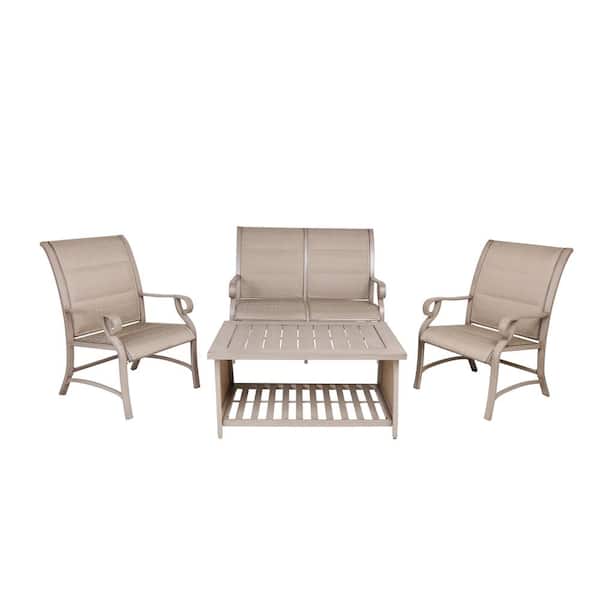 Champagne Gold 4-Piece Cast Aluminum Patio Rectangle Outdoor Dining Set with Love Seat for Garden, Yard