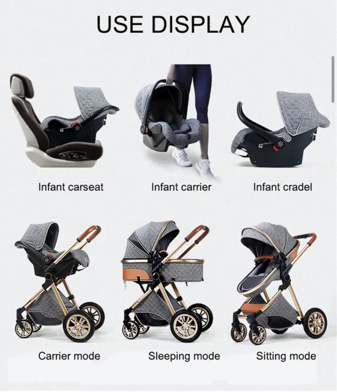 3 in 1 Baby Travel System Infant Baby Stroller Pushchair High Landscape Reversible Foldable Portable Stroller Newborn Pram Reclining Baby Carriage (Pink)