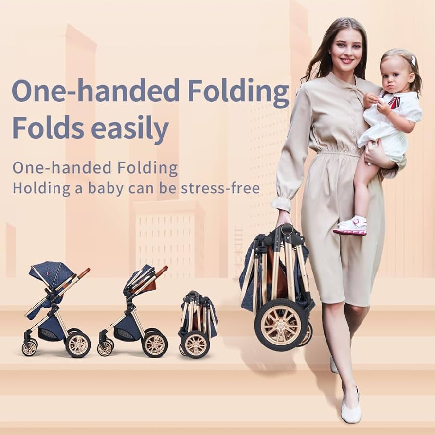 3 in 1 Baby Travel System Infant Baby Stroller Pushchair High Landscape Reversible Foldable Portable Stroller Newborn Pram Reclining Baby Carriage (Pink)